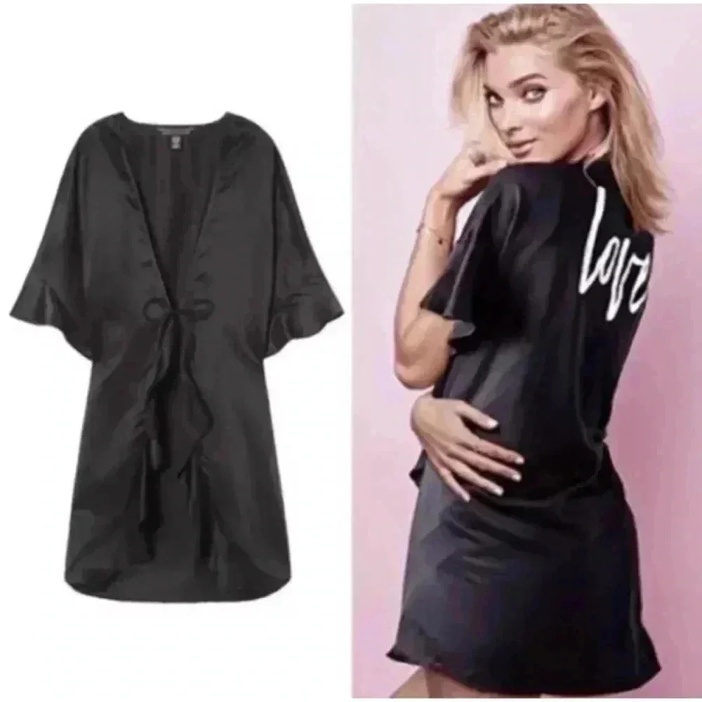 Victoria's Secret Sexy Valentine LOVE Black Slip Wrap Kimono Robe One Size Silky